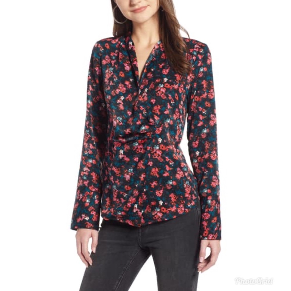 Something Navy Draped Front Top Painterly Roses